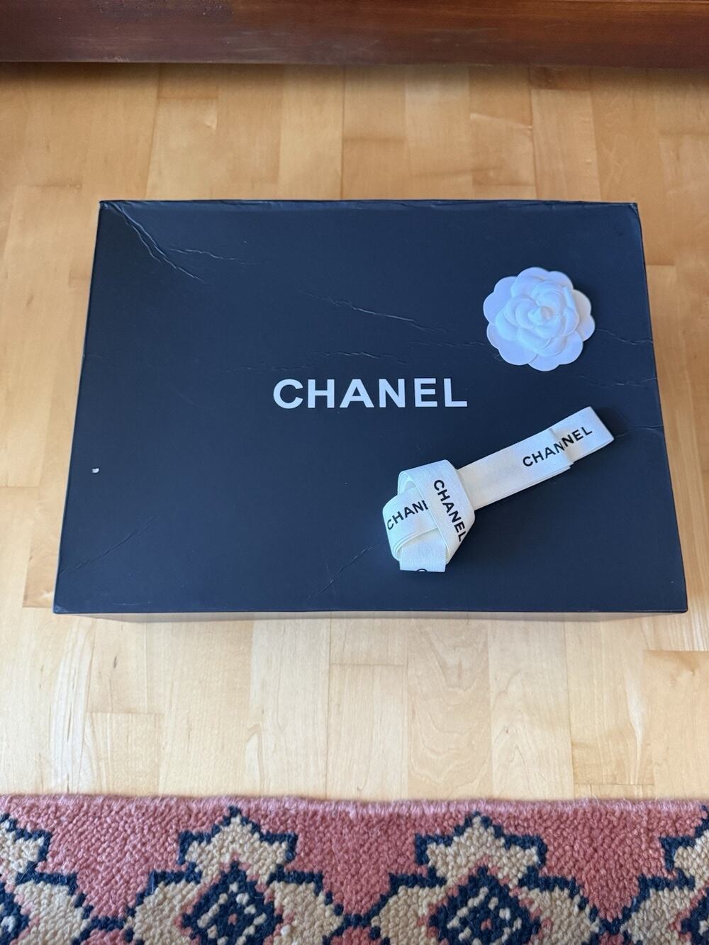 Chanel Black Logo Box, Ribbon, Flower, Magnetic Sides